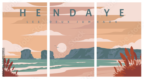 Hendaye Les Deux Jumeaux vintage poster illustration design, beautiful sandy beach at Hendaye poster .