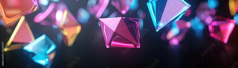 Vibrant and colorful geometric shapes floating in a dark space, creating a mesmerizing and futuristic abstract composition. Vibrant and colorful geometric shapes floating in a dark space, creating a mesmerizing and futuristic abstract composition.