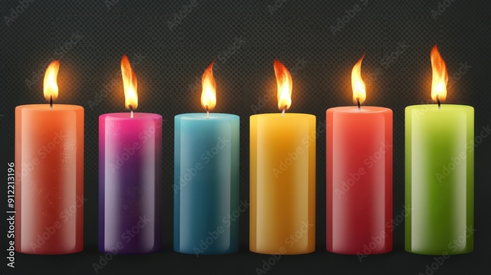Six Colorful Candles Burning in the Dark