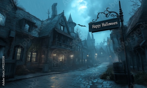 Spooky Halloween town with eerie houses and signboard photo