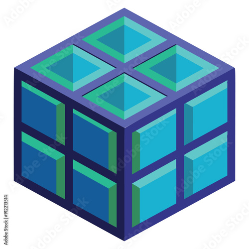 Abstract isometric cube with blue and green squares. Vector illustration