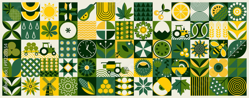 Abstract minimalist summer horizontal pattern, cover, postcard in green tones, modern typography. Autumn vacation, travel, vacation, travel, illustration. Geometric mosaic promo ads design template