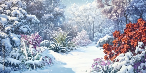 Winter's Enchanted Garden: An Animated Snow Scene with Icy Blossoms and Frost-Covered Flora