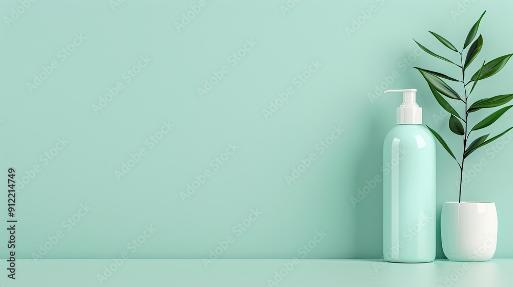 Mint Green Bottle with Palm Leaves, Mint green bottle with pump dispenser and palm leaves on a matching green background, highlighting a fresh and natural skincare product.
Mint Green Bottle with Palm Leaves, Mint green bottle with pump dispenser and palm leaves on a matching green background, highlighting a fresh and natural skincare product.