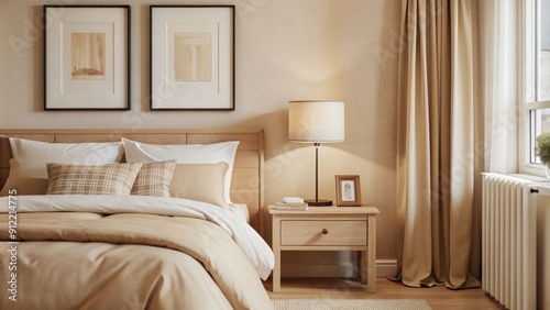 A cozy bedroom features a neatly made bed with beige bedding, including pillows and a throw blanket.