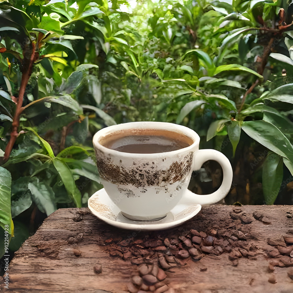 A cup of coffee is sitting on a table in front of a forest. The scene is peaceful and relaxing, with the coffee providing a sense of comfort and warmth A cup of coffee is sitting on a table in front of a forest. The scene is peaceful and relaxing, with the coffee providing a sense of comfort and warmth