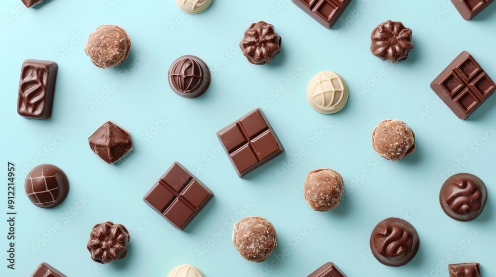 Chocolate Assortment on Blue Background Chocolate Assortment on Blue Background