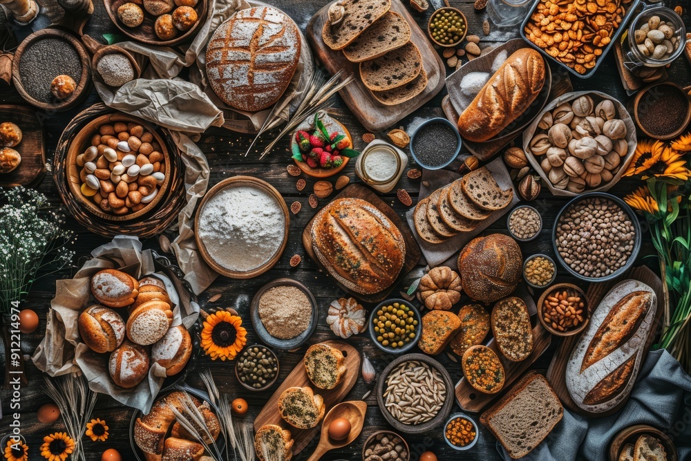 Variety of loaves, buns, and rolls. Composition featuring baked goods on wooden table, top view. Variety of loaves, buns, and rolls. Composition featuring baked goods on wooden table, top view.