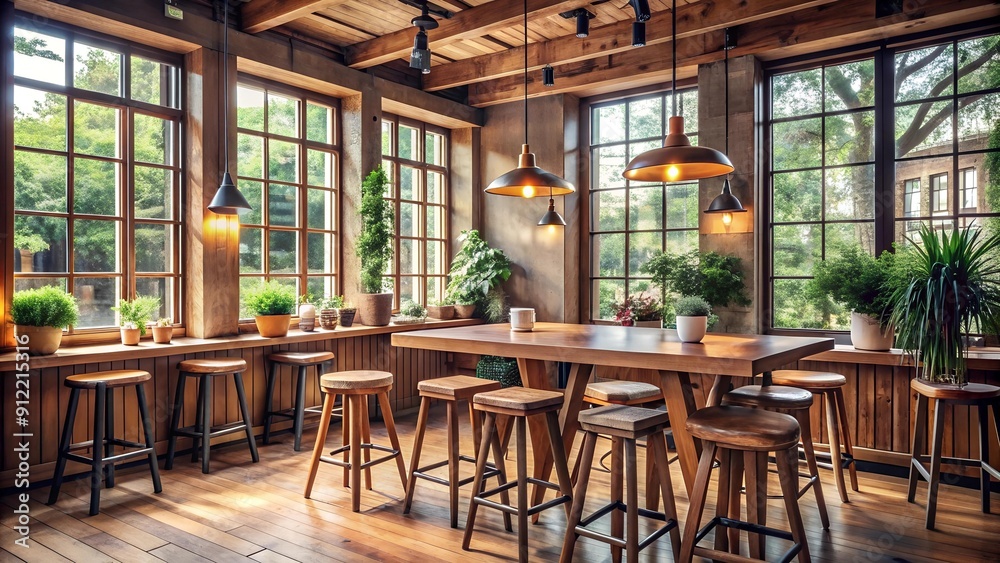 Sunlit Rustic Haven: A Cozy Caf? with Natural Light and Warm Wood generative AI Sunlit Rustic Haven: A Cozy Caf? with Natural Light and Warm Wood generative AI