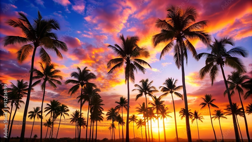Sunset Silhouette of Palm Trees against a Vibrant Sky Generative AI Sunset Silhouette of Palm Trees against a Vibrant Sky Generative AI