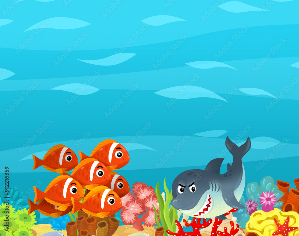 Cartoon ocean and sea coral reef animals of underwater kingdom swimming diving wit illustration for kids Cartoon ocean and sea coral reef animals of underwater kingdom swimming diving wit illustration for kids