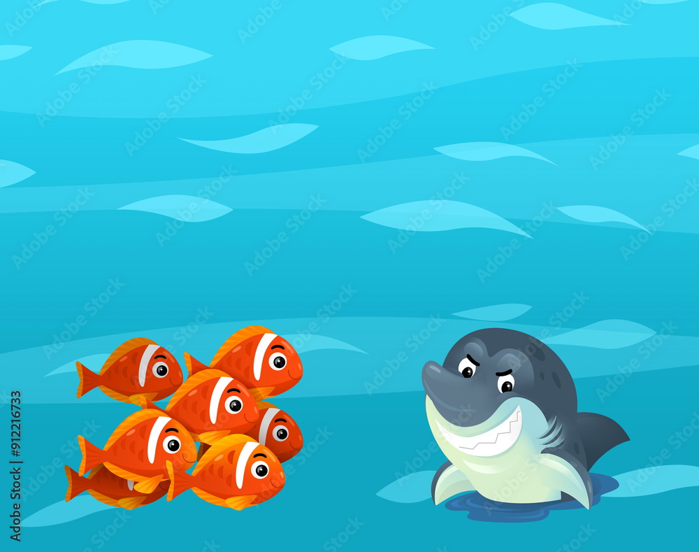 Obraz premium Cartoon ocean and sea coral reef animals of underwater kingdom swimming diving wit illustration for kids