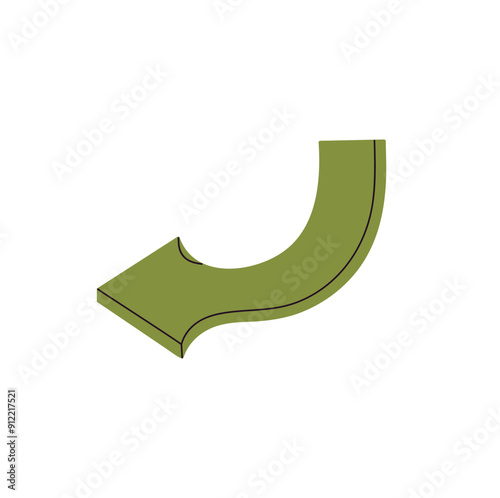 Curved arrow pointing twist. Bending line with cursor showing turn of route. Signpost, way pointer. Geometric shape, sign guides direction. Flat isolated vector illustration on white background
