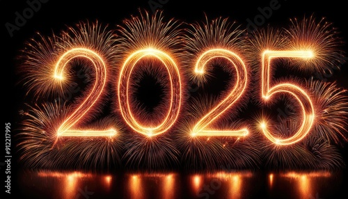 Sparkler 2025 text colorful firework illumination on dark blue sky background, happy new year 2025 concept