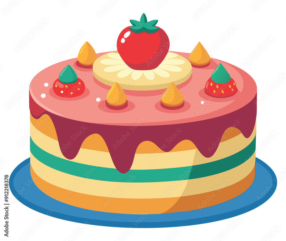 Layered cake with strawberries, pineapple, and drizzled icing. Vector illustration Layered cake with strawberries, pineapple, and drizzled icing. Vector illustration
