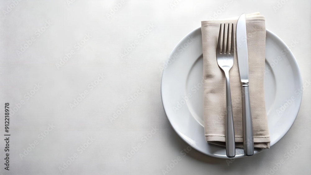 A Symphony of Silver: A Fork and Knife Wrapped in Linen Napkin on a Pristine White Plate AI Generated A Symphony of Silver: A Fork and Knife Wrapped in Linen Napkin on a Pristine White Plate AI Generated