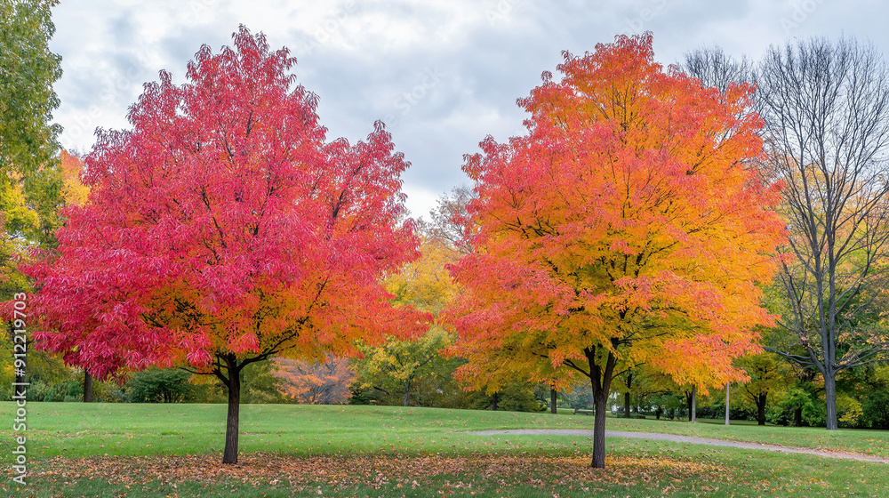 Fototapeta premium Autumn's Embrace: Two vibrant maple trees ablaze with crimson and gold foliage stand majestically in a tranquil park setting, showcasing the breathtaking beauty of fall.