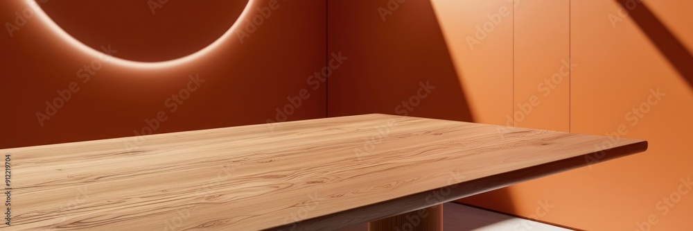 High-quality image of a smooth wooden table in a sunlit room with an orange wall, showcasing minimalist interior design.