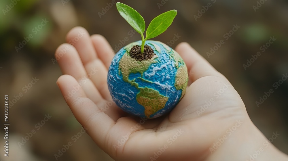 A close up of a hand holding a miniature globe with a green sprout growing from it, representing global commitment to reducing carbon footprints and nurturing the planet. A close up of a hand holding a miniature globe with a green sprout growing from it, representing global commitment to reducing carbon footprints and nurturing the planet.