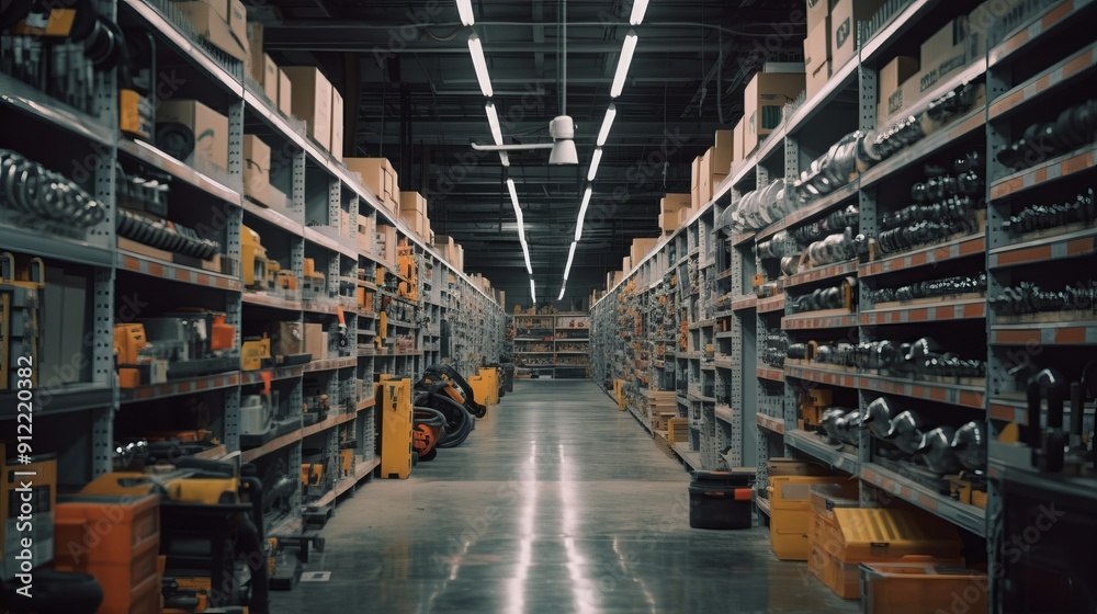 A large warehouse filled with numerous boxes and extensive shelves A large warehouse filled with numerous boxes and extensive shelves