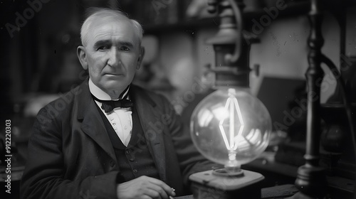 Thomas Edison the renowned inventor,  with a light bulb in the background.