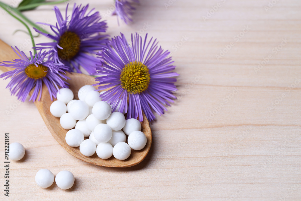 Homeopathy. Spoon with pills and wild flowers on wooden table, space for text Homeopathy. Spoon with pills and wild flowers on wooden table, space for text