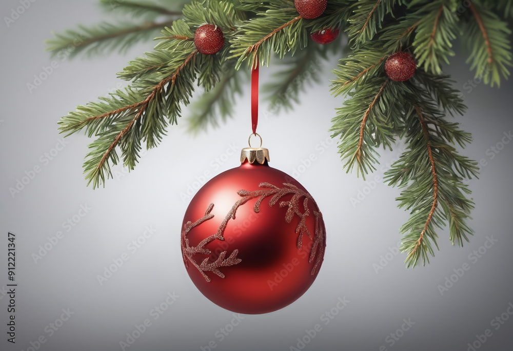 Christmas decoration for banner - red bauble hanging fir branch Christmas decoration for banner - red bauble hanging fir branch