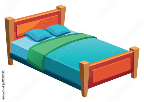 Cartoon illustration of a wooden bed with blue sheets and green blanket. Vector illustration
