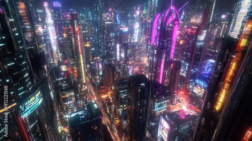 Vibrant futuristic cityscape with neon lights at night, showcasing towering skyscrapers, and a bustling urban environment.