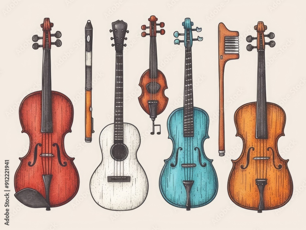 Fototapeta premium Vibrant and whimsical doodle art showcasing a diverse collection of musical instruments including guitars violins cellos drums and more with playful and expressive notes and patterns