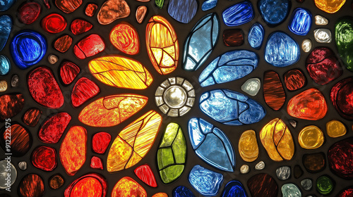Stained Glass Flower: A vibrant and intricate stained glass window depicting a flower in full bloom, showcasing a kaleidoscope of colors and textures.