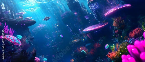Fototapeta Naklejka Na Ścianę i Meble -  Mesmerizing futuristic underwater city with glowing neon coral reefs holographic sea creatures and bioluminescent plankton in a vibrant seapunk inspired digital