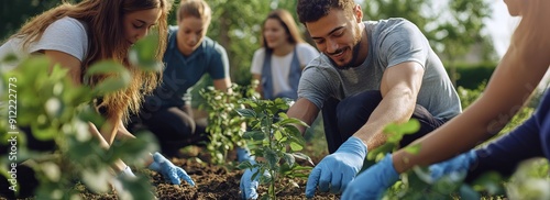 A diverse group of people planting trees in a community garden, symbolizing collective efforts in reforestation and combating climate change.