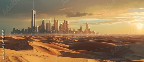 Sprawling futuristic eco powered city with gleaming skyscrapers and renewable energy technologies stands tall in the distance