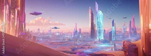 Futuristic solar powered desert cityscape with glowing skyscrapers hovering vehicles and drones and gleaming metallic structures in a vibrant crystalline architecture