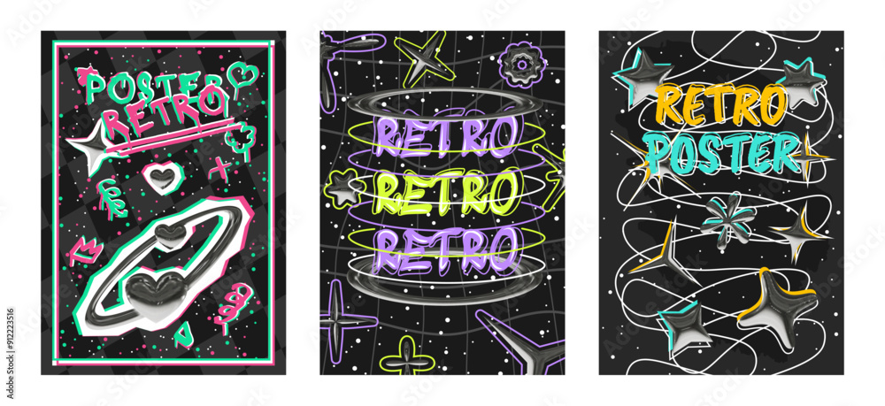 Set of posters in graffiti style with 3D elements with a chrome effect in y2k style. Vector template of banner, post, cover Set of posters in graffiti style with 3D elements with a chrome effect in y2k style. Vector template of banner, post, cover