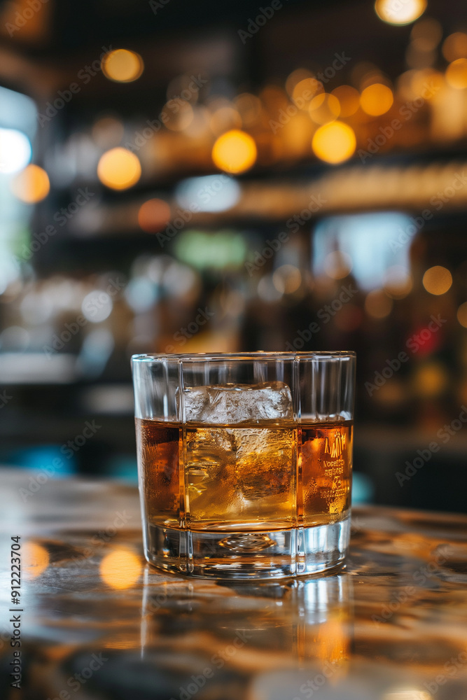 Glass of whiskey with ice on the bar counter Glass of whiskey with ice on the bar counter