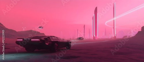 Dramatic cinematic scene of a futuristic barren desert vista with sleek modular arcology structures glowing neon lined conduits and hovering autonomous vehicles shimmering under a mirage like effect photo