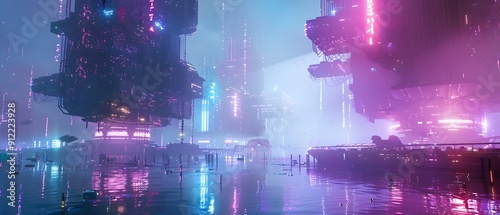 Captivating Futuristic Seapunk Cityscape with Neon Lit Waterfront and Ethereal Lighting  Shimmering iridescent textures floating structures photo