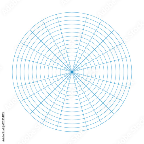 Polar coordinate circular grid isolated on white background. 360 degrees scale. Blank polar graph paper. Vector illustration. Mathematical graph. Lined blank on transparent background