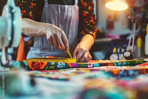 Seamstress Measuring Fabric with Tape Measure photo