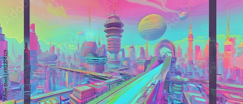 Retrofuturistic seapunk metropolis with pastel colored holographic towers undulating waves of digital landscapes shimmering retro futuristic skyline and detailed 8 bit graphics in vivid colors photo