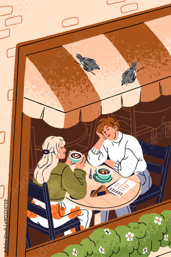 Friends meeting in coffeehouse poster. Happy women talk, drink coffee in cafe together. People are on romantic date, communicate indoor cafeteria view through window. Flat vector illustration
