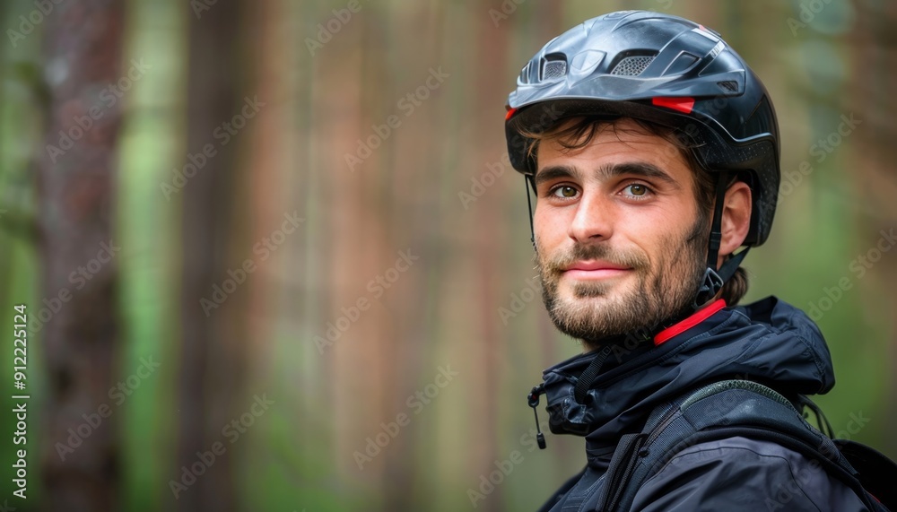 Portrait of a happy mountain biker with helmet smiling in the woods, mountain biking adventure Portrait of a happy mountain biker with helmet smiling in the woods, mountain biking adventure