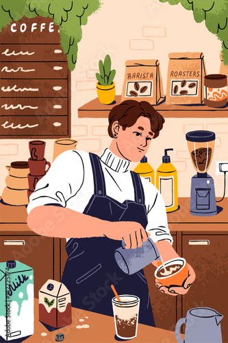 Barista makes coffee on coffeehouse counter poster. Young man prepares drink in cafe. Coffeeshop worker cooks beverage, pours milk in cup. Person works, cooking in cafeteria. Flat vector illustration