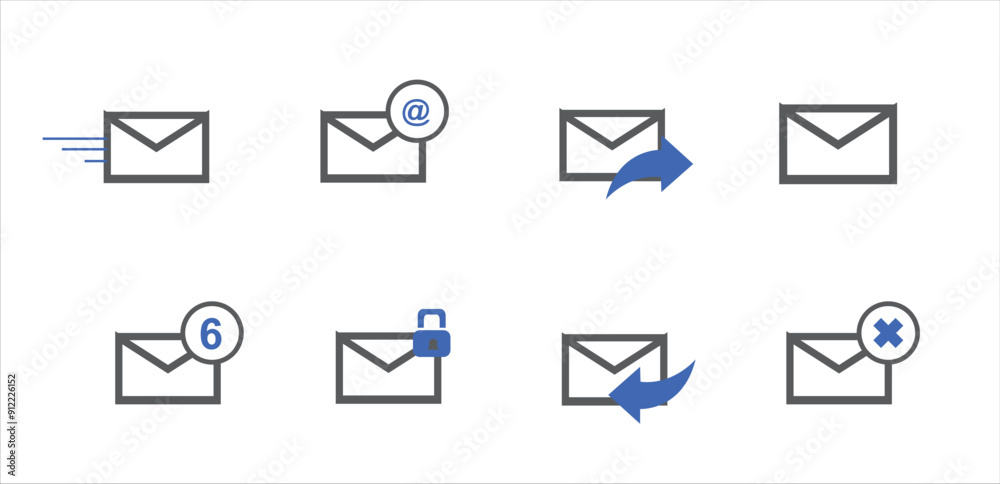 Vector mail icon set includes envelopes, notifications, and symbols. Vector mail icon set includes envelopes, notifications, and symbols.