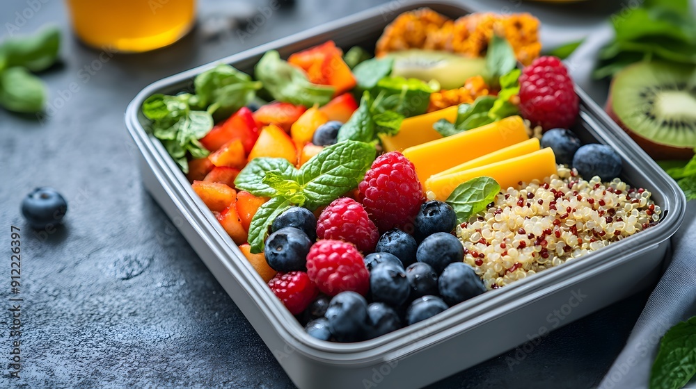 Allergy-friendly lunch options, soft morning light, neatly arranged lunchbox, dairy-free cheese, mixed berries, quinoa salad, vibrant colors, artistic emphasis on balanced nutrition, mood of care and Allergy-friendly lunch options, soft morning light, neatly arranged lunchbox, dairy-free cheese, mixed berries, quinoa salad, vibrant colors, artistic emphasis on balanced nutrition, mood of care and