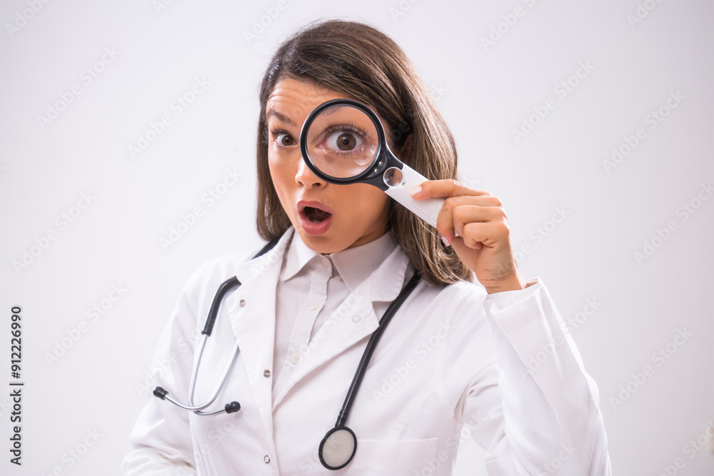 Portrait of worried doctor who is looking through magnifying glass. Portrait of worried doctor who is looking through magnifying glass.