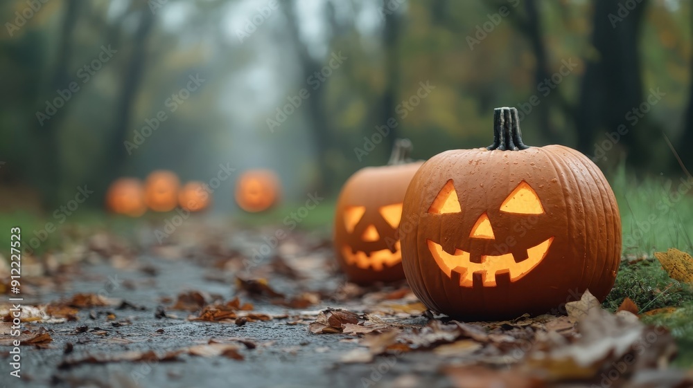 Brightly hued Jack-o'-lanterns carved into various shapes, glowing on a foggy path. Brightly hued Jack-o'-lanterns carved into various shapes, glowing on a foggy path.