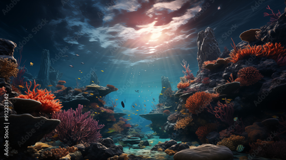 Witness reefs underwater, bathed in sun rays breaking down from above, creating a breathtaking underwater landscape. The intricate beauty of reefs underwater is showcased in this mesmerizing video.